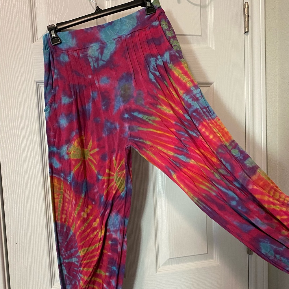 Tye Dye Harem Pants (Blue, Purple, Pink & Yellow) Stretchy Hippie Boho Bohemian